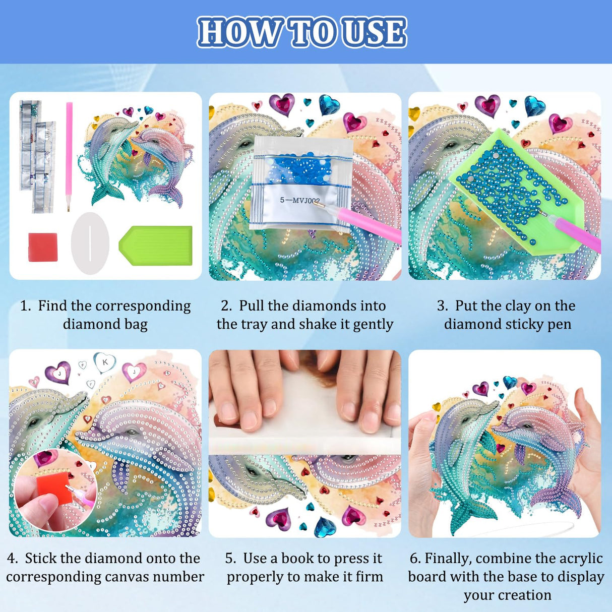 Bowetile Dolphin Diamond Art Desktop Ornaments Kits for Adults Beginners, 5D Special Shape Diamond Art Painting Animals Tabletop Ornaments, Crystal Gem Art Painting for Home Table Decor Crafts Gift Bowetile