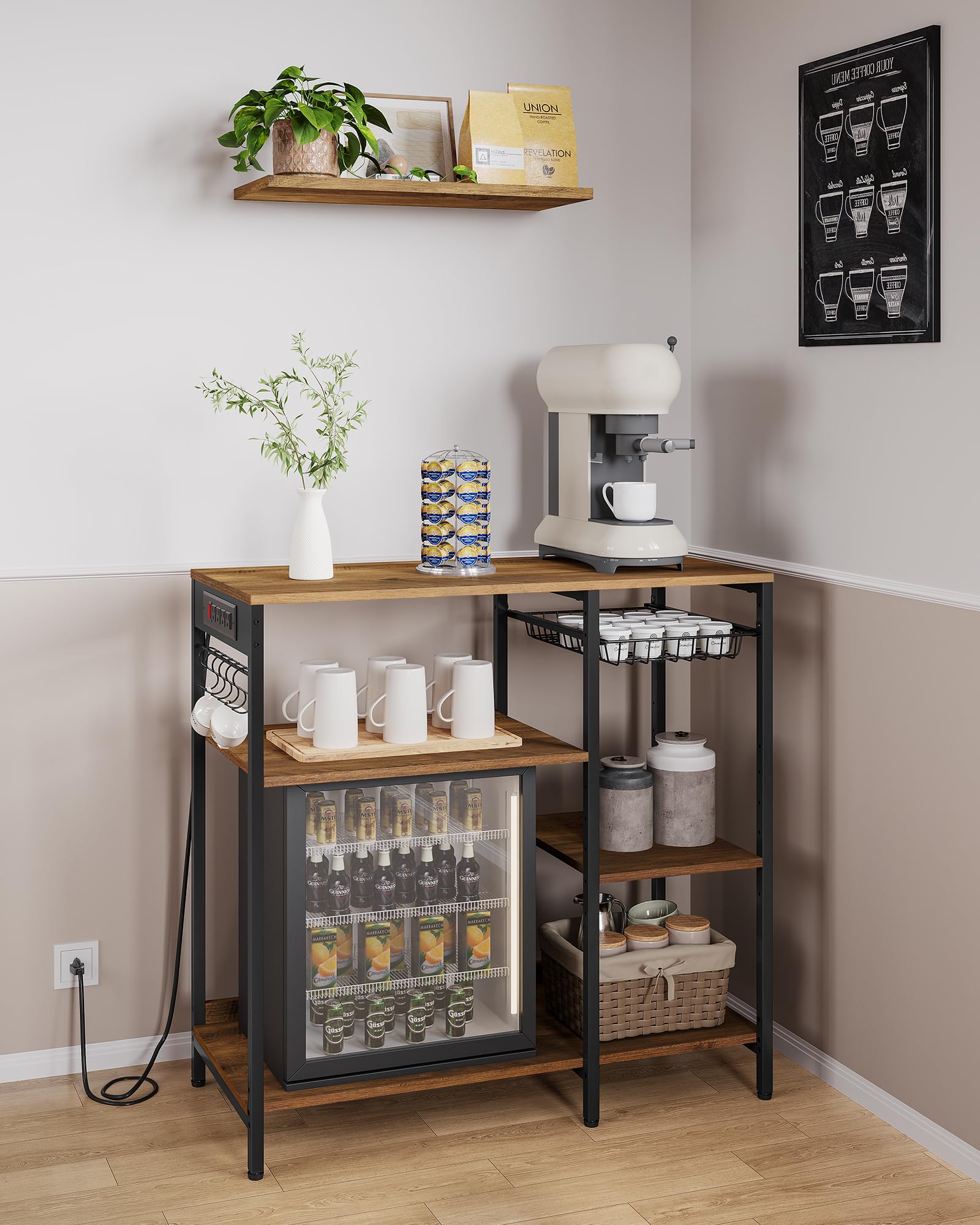 VASAGLE Rustic Walnut Baker's Rack with Integrated Charging Station and Storage Solutions - WoodArtSupply