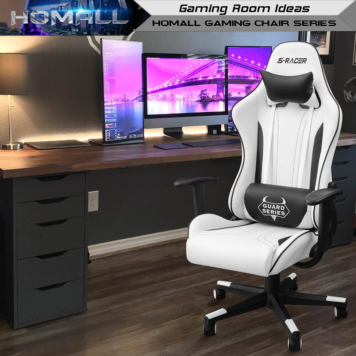 Homall Gaming Chair, Video Game Chair with Footrest and Lumbar Support, Ergonomic Computer Chair Height Adjustable with Swivel Seat and Headrest (Pale White) Homall