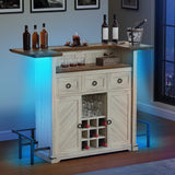 YITAHOME Home Bar Unit with LED Lights ＆ Drawer, Farmhouse Bar Cabinet with Glasses Holder and Wine Storage, Wine Bar Cabinet Set Mini Bar with Footrest for Living Room, Off White+Walnut Grain YITAHOME