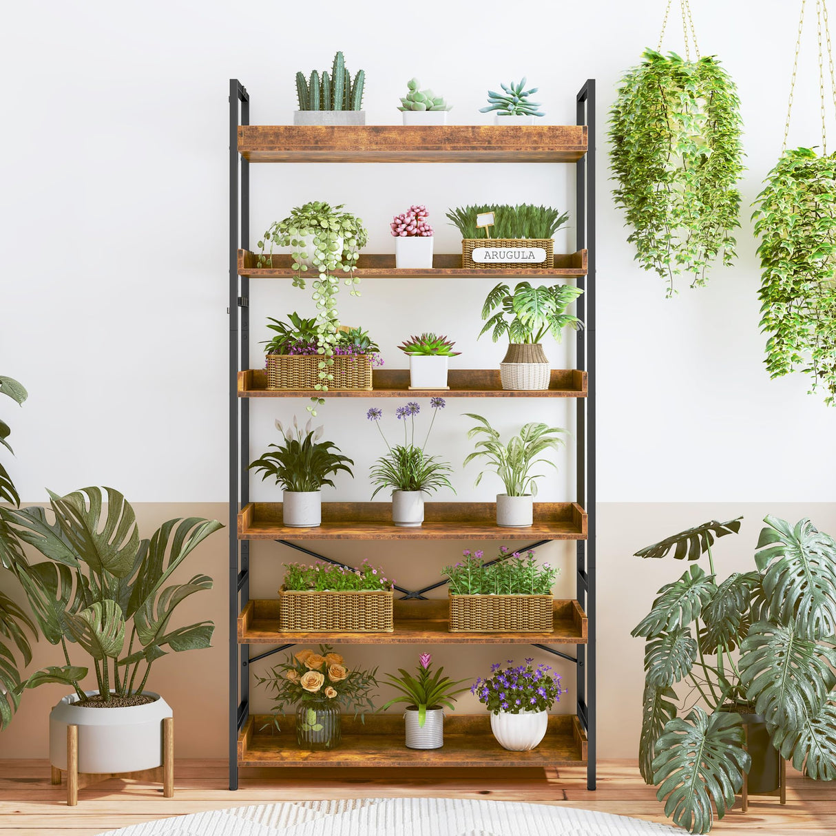 HCHQHS Bookshelf, Adjustable Industrial Bookcase, Vertical Tall Book Shelf, Wood and Black Metal Open Bookshelves for Home Office, Living Room, Bedroom (Rustic Brown, 6-Tier (31" W x 70" H)) HCHQHS