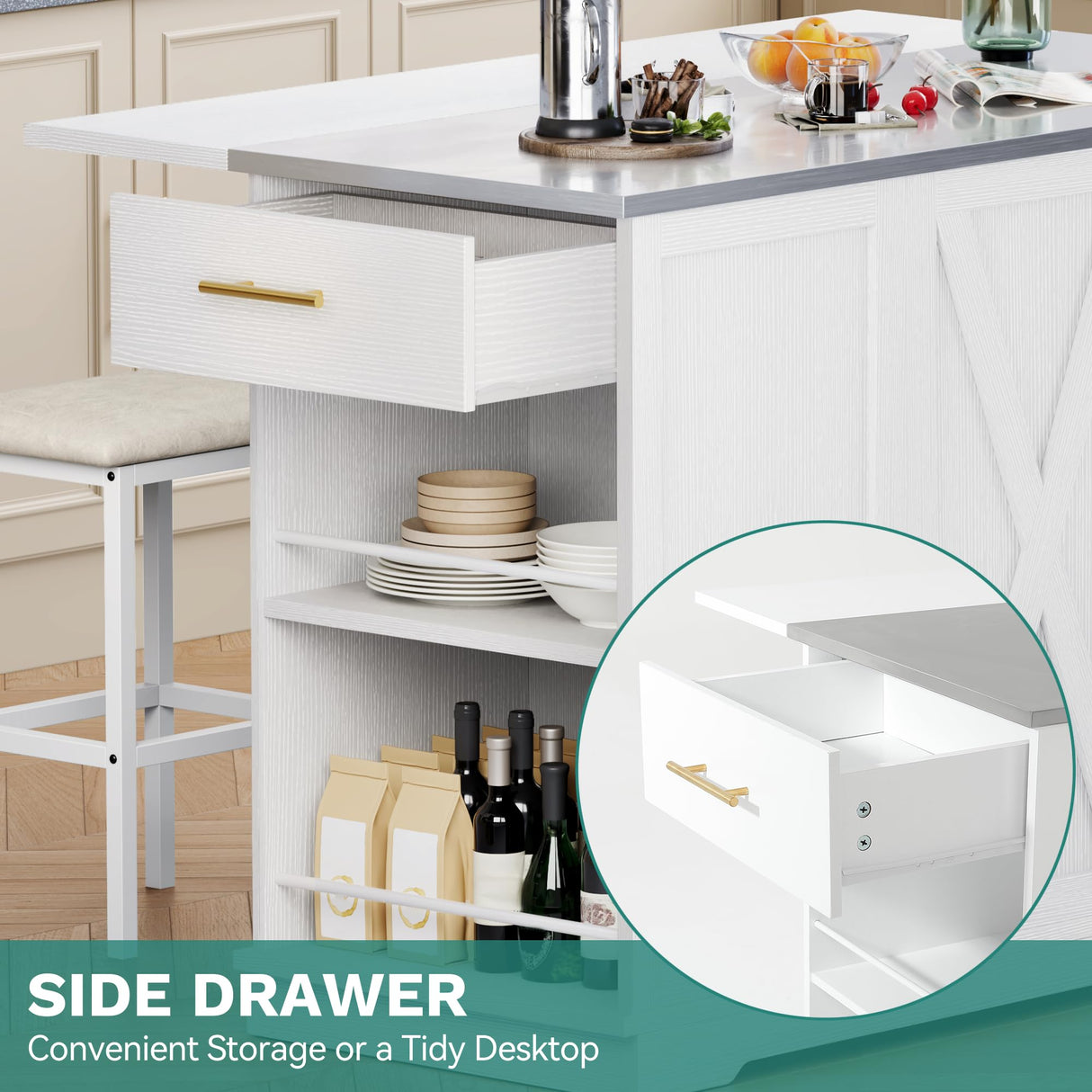 YITAHOME Kitchen Islands with Seating, 47" Mobile Storage Island with Drop Leaf, Rolling Island Table with Tilt Out Trash Can Cabinet, Home Bar Table Include 2 Chairs, Side Spice Rack & Drawer, White YITAHOME