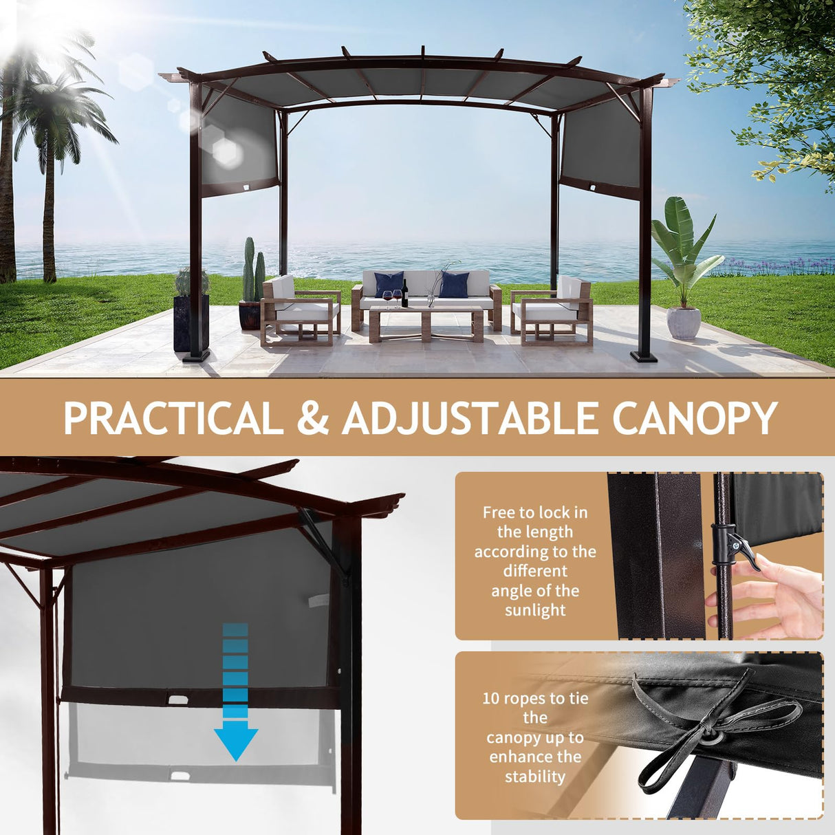 VINGLI 9’x 12' Outdoor Pergola Metal Retractable Pergola Canopy with Adjustable Roof, Garden Pergola for Deck, Porch, Garden, Yard (Grey) VINGLI