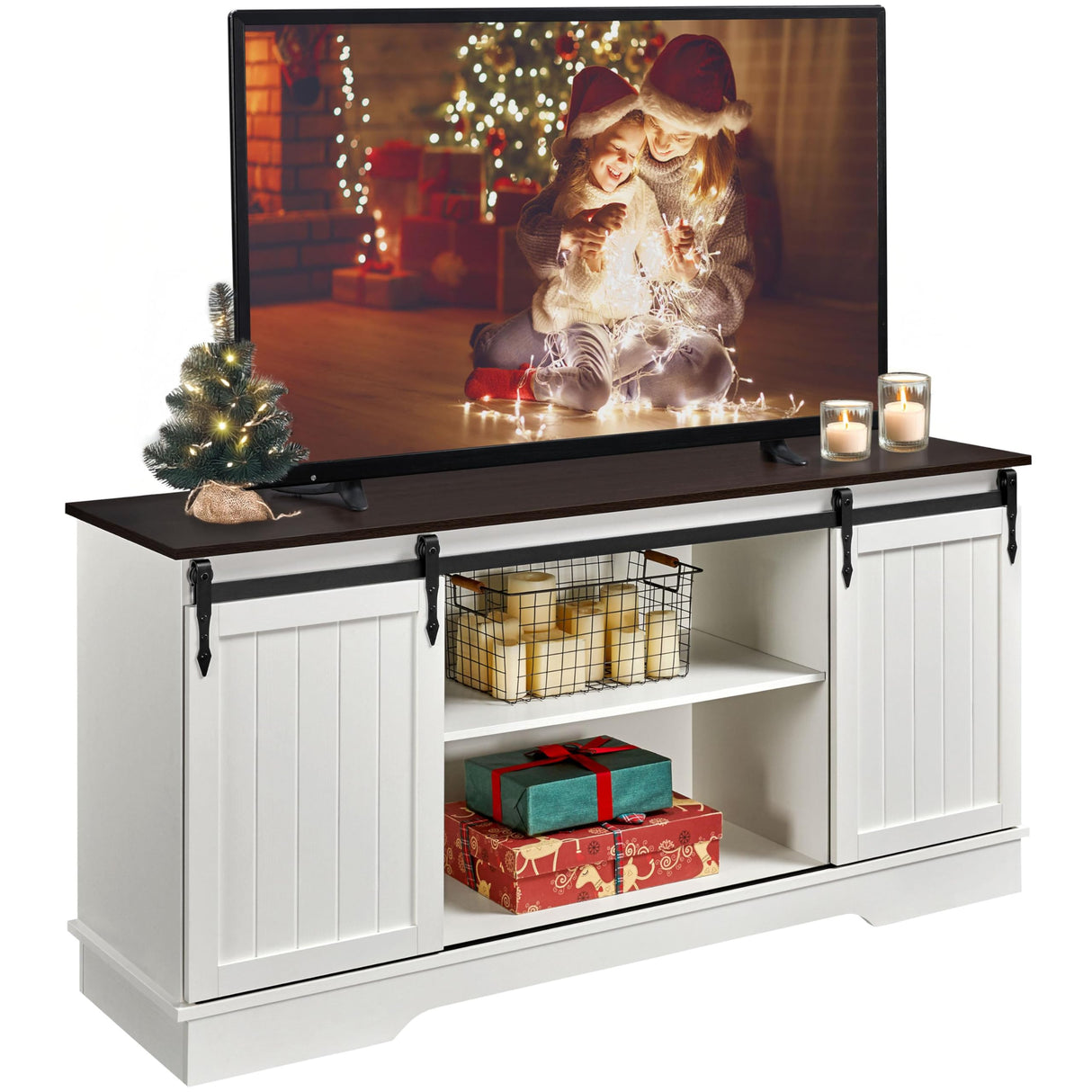 Yaheetech TV Stand for 65 Inch TV, Farmhouse Entertainment Center with Sliding Barn Doors, TV Media Console for Living Room, Bedroom, White & Espresso Yaheetech
