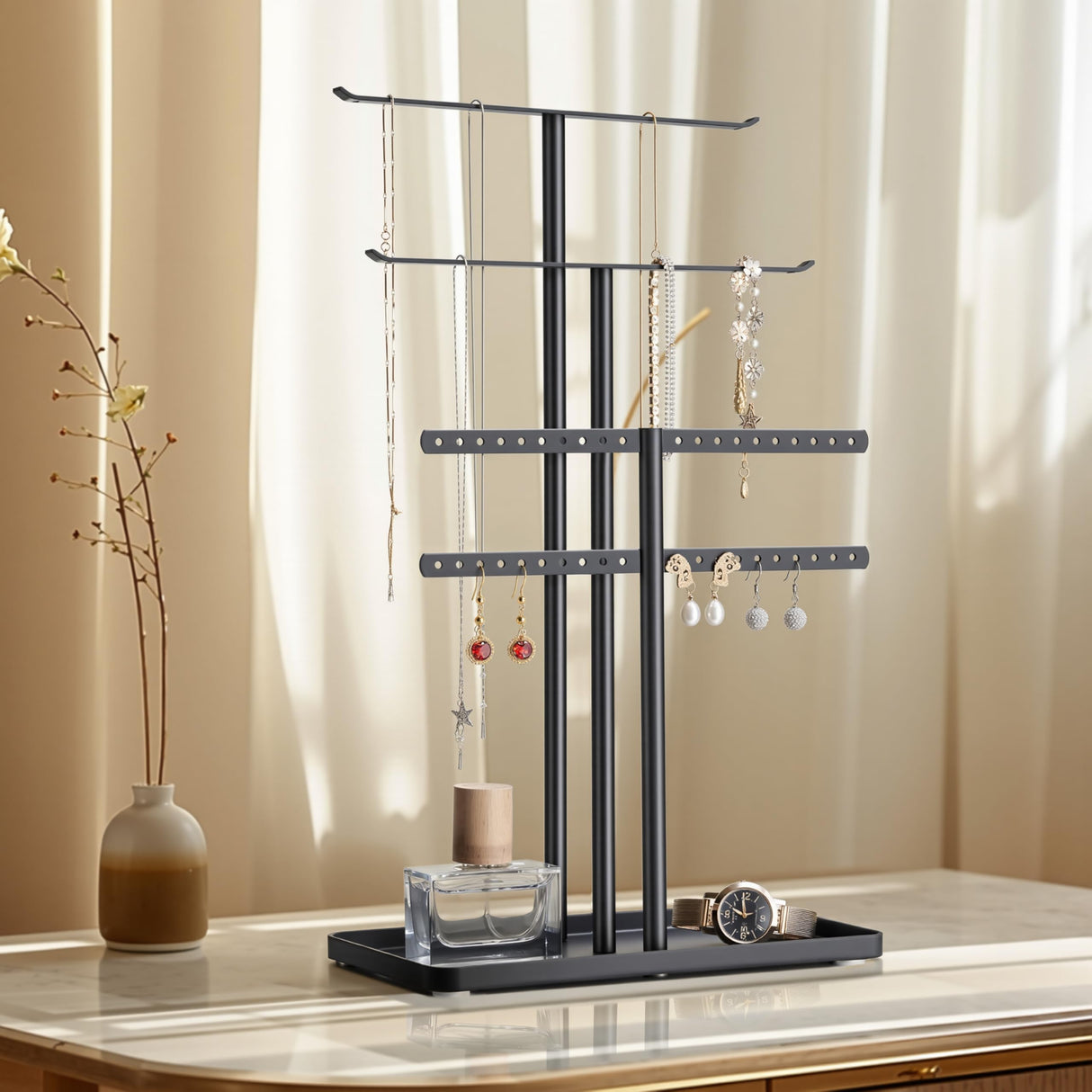 pickpiff Jewelry Stand Organizer, 14.5" Tall Sturdy Metal, 3-Tier Jewelry Holder for Necklace, Earring, Bracelet, Ring, Hanger for Display and Storage, Aesthetic Room Decor, Black pickpiff