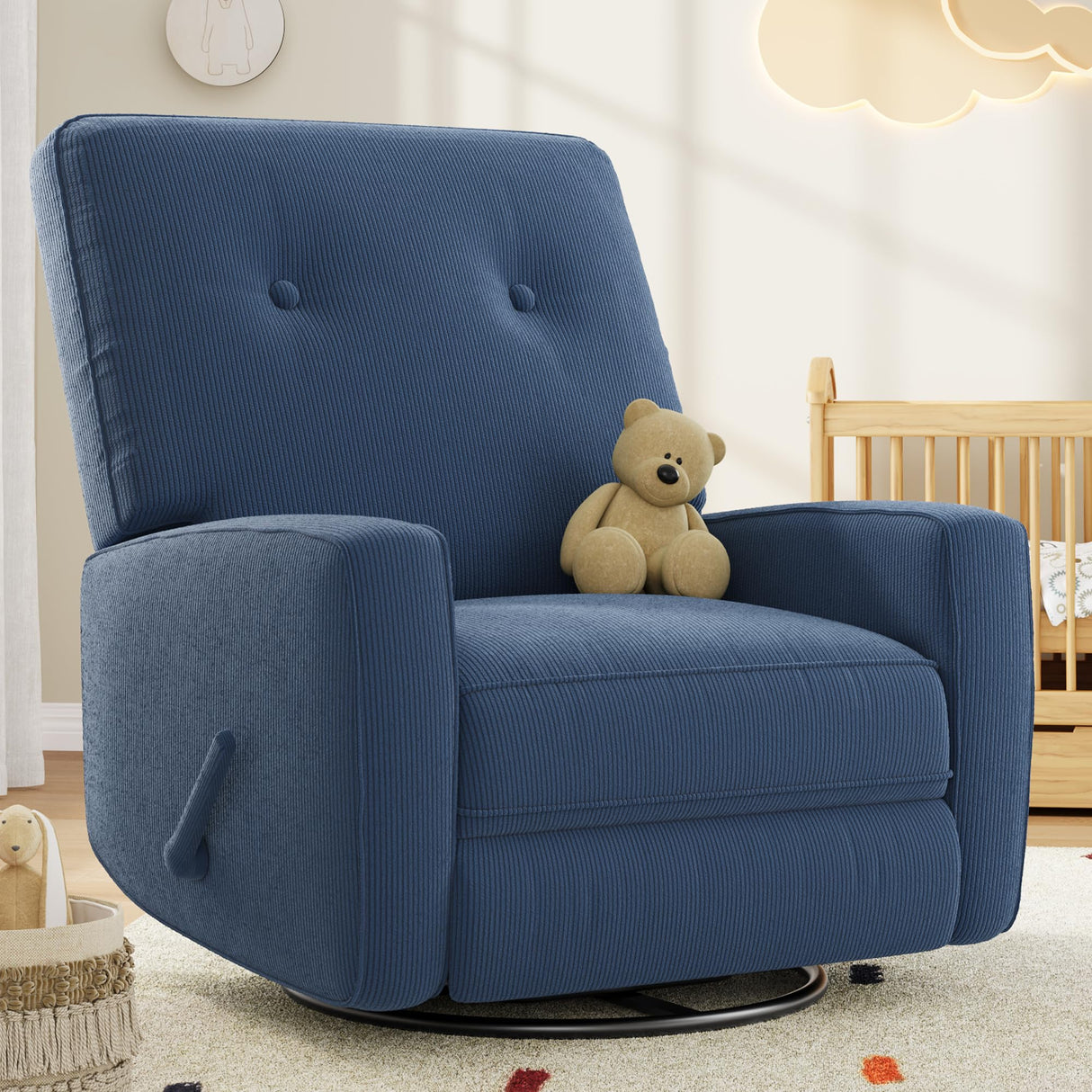 Nursery Recliner Chair, 360° Swivel Rocking Glider Chair for Adults with Adjustable Backrest & Footrest, Upholstered Armchair for Living Rooms, Bedrooms, Apartments, Blue Garvee