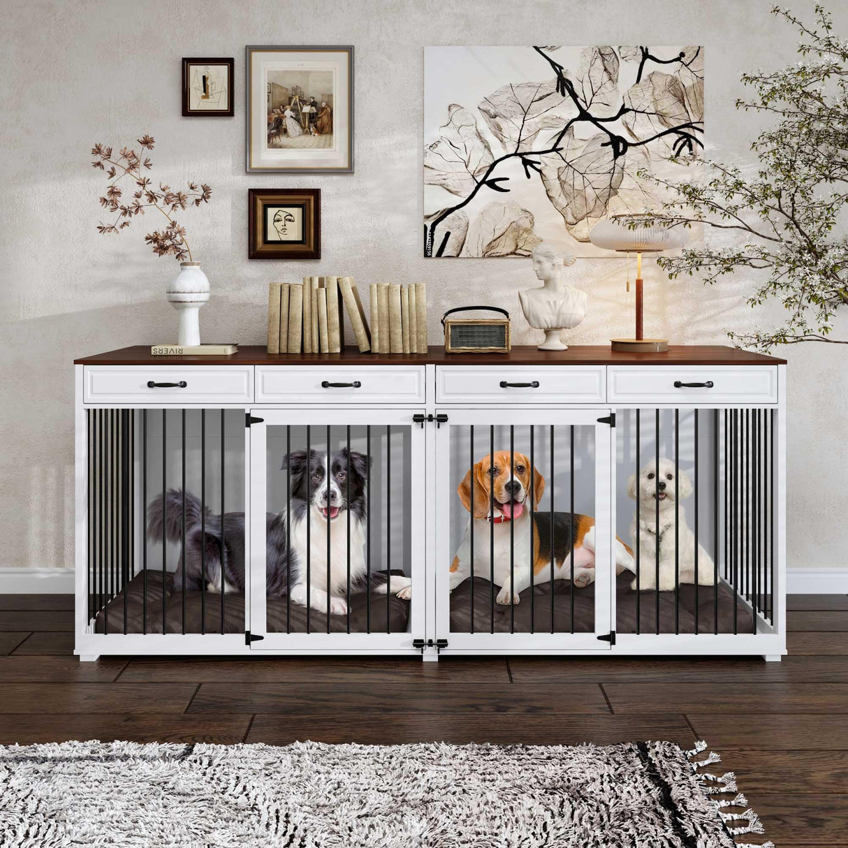 Timechee Extra Large Dog Crate with Double Rooms, 93" Heavy Duty Wooden Dog Cage Furniture Dog Crate Kennel w/Drawers & Removable Divider,Indoor Luxury Dog House for Large Dogs,White Timechee