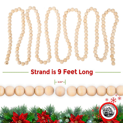 9 Foot Natural Wood Bead Christmas Garland | Wooden Christmas Tree Garland Perfect for Rustic Natural Country Farmhouse Trees | Garland Christmas Decorations for Indoor Use