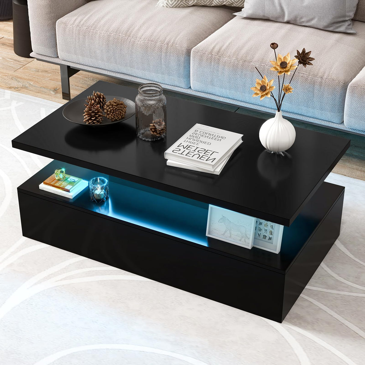 Giantex Modern LED Coffee Table - 2-Tier High Gloss Table w/Adjustable 20-Color Light, 8-Level Brightness & Speed, Remote Control, Contemporary 43.5”L Rectangular Center Table for Living Room (Black) Giantex
