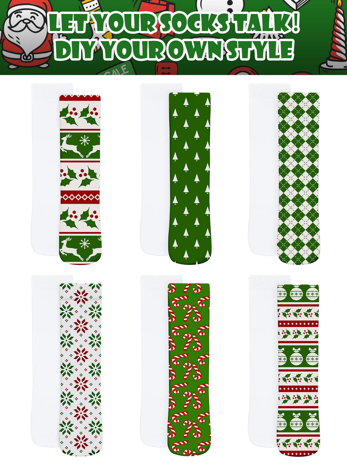 6 Pairs Blank White Sublimation Socks Printable Athletic Socks Patriotic Socks 4th of July Full Sublimation Socks Unisex Sports Crew Socks for Present DIY Personalized Socks Women Men Teens, Size 9-12 Giugu