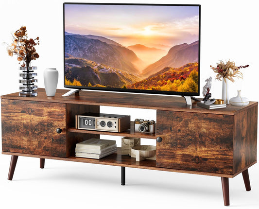 DUMOS TV Stand for 55 60 inch TV, Entertainment Center with Storage Cabinet, Mid Century Modern Media Console Table, Adjustable Hinge, Wooden Television Furniture for Living Room, Brown