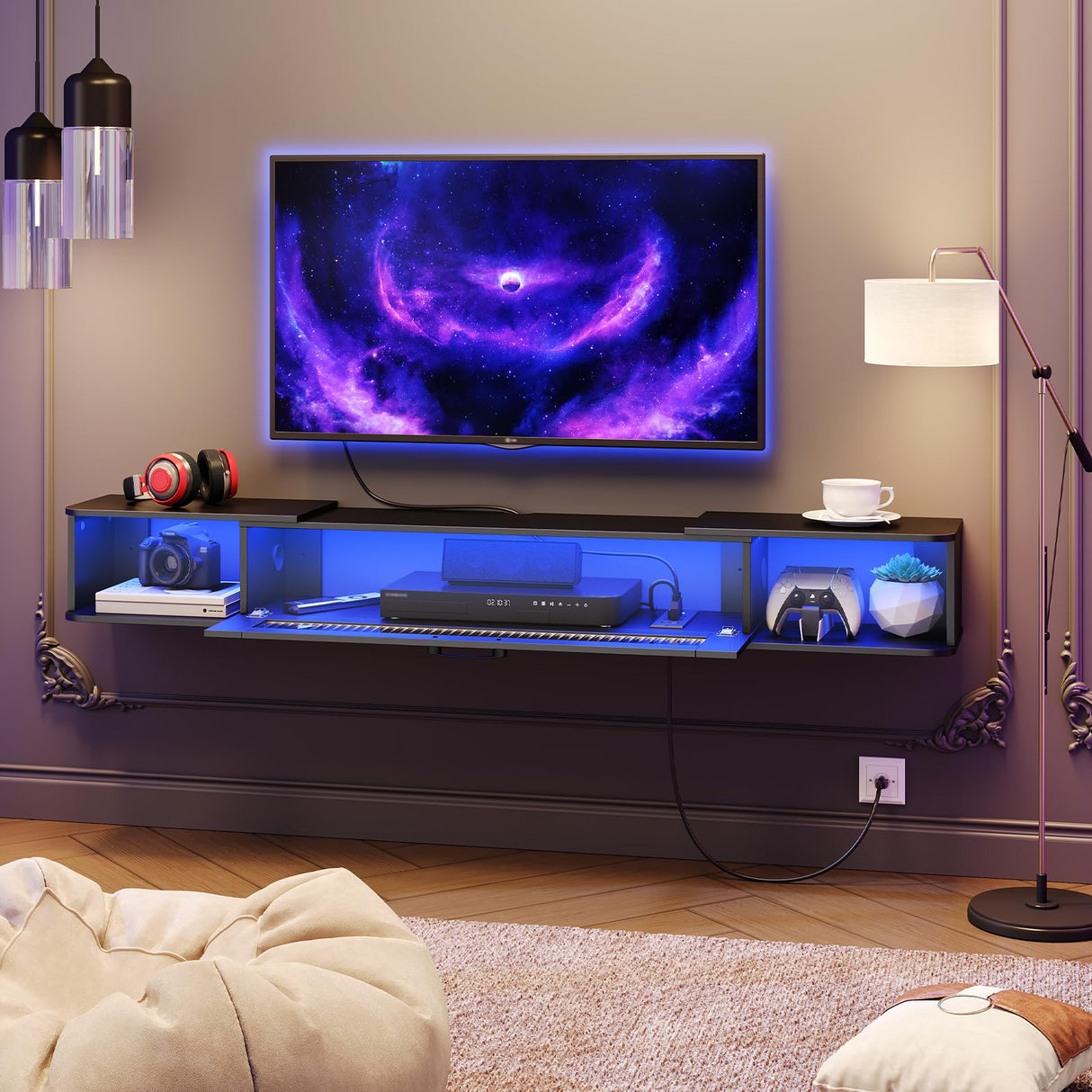 HOOBRO Floating TV Stand with LED Light Power Outlet for TVs up to 75”, Wall Mounted TV Shelf, Modern Media Console Entertainment Center Under TV, for Living Room Bedroom, Black BK36UDDS01 HOOBRO