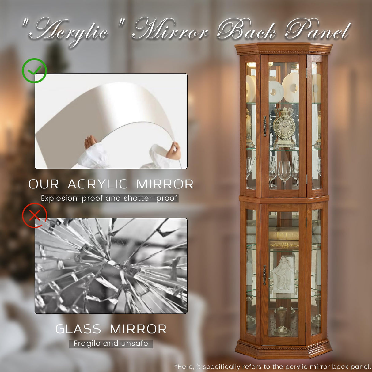 Eyisean Lighted Corner Curio Cabinet 70" Glass Display Cage with 6 Tempered Adjustable Shelves, Freestanding Home Bar Cabinet with Door, Rack for Liquor Storage and Living Room (Oak) Eyisean