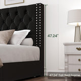 LARMACE King Size Bed Frame with Storage and Tufted Headboard Velvet Upholstered Platform Bed Frame with 4 Drawers, Wood Slats Support, Easy Assembly, Noise-Free, Black LARMACE