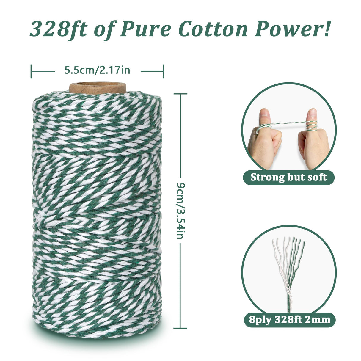 Cotton Twine String, 328 Feet Green & White - Christmas Twine for Gift Wrapping, Crafts, Baking, Butchers, Holiday Decorations, DIY, Kitchen & Gardening HAMUIERS