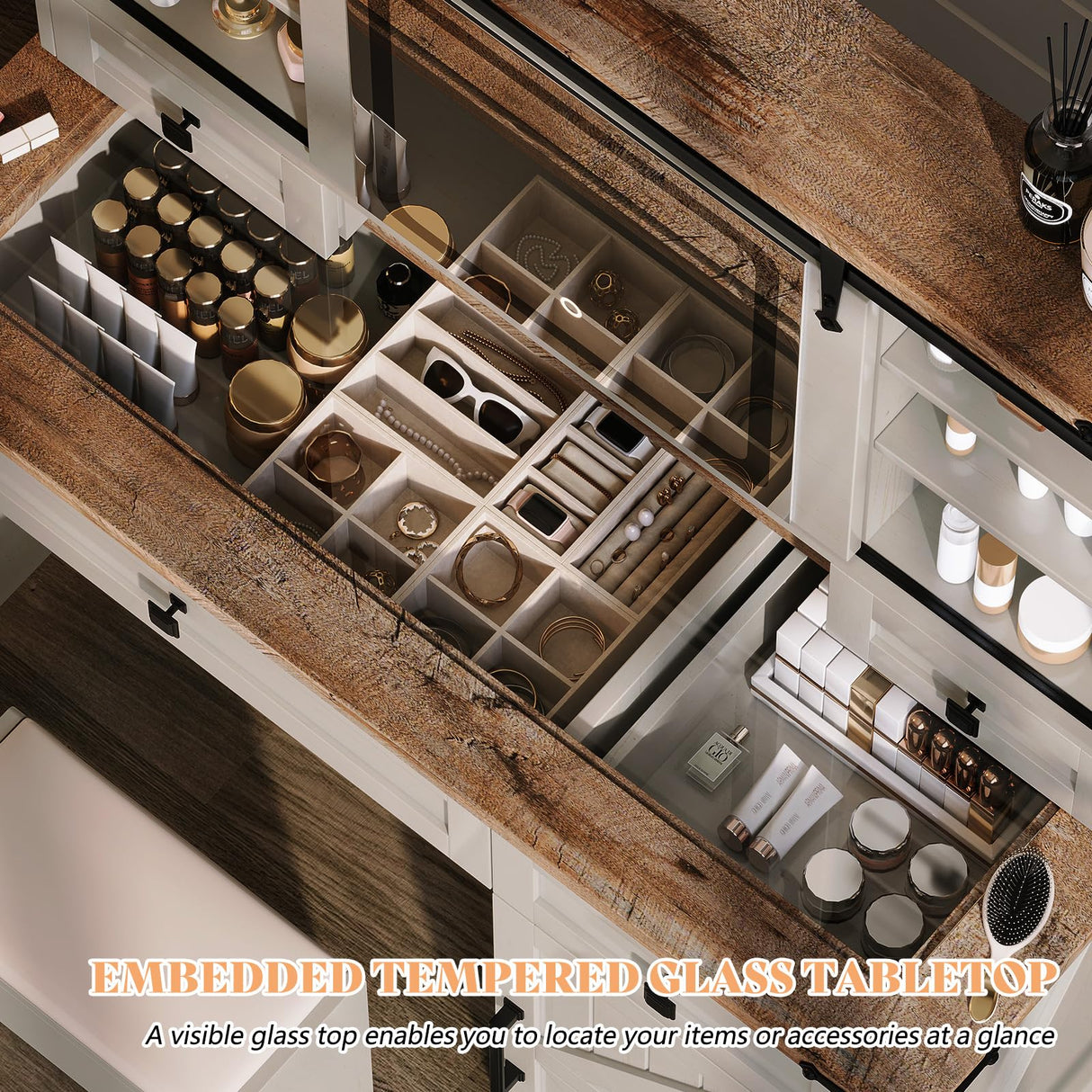 AMERLIFE 42'' Farmhouse Makeup Vanity Desk with Sliding Mirror and Lights, Glass Tabletop Vanity Table with 2 Drawers & Shelves for Bedroom(NO Bench), Antique White AMERLIFE