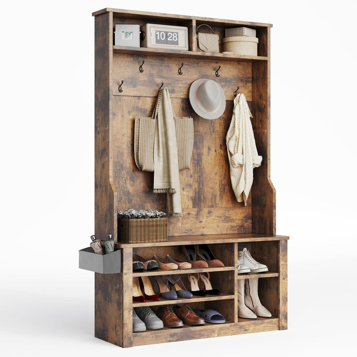 Aiho Entryway Hall Tree with Bench and Storage, 3-in-1 Hall Tree with Coat Rack, Adjustable Shoe Bench, 2-Tier top Storage, for Hallway, Entryway, Bedroom, Rustic Brown Aiho