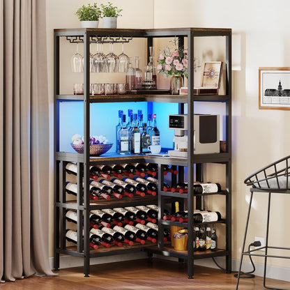 YITAHOME Large Corner Wine Rack, 63'' Corner Bar Cabinet with Power Outlet and LED Light, 5-Tier L Shaped Industrial Liquor Cabinet w/Glass Holder, Corner Open Display Cabinet for Home, Rusti - WoodArtSupply