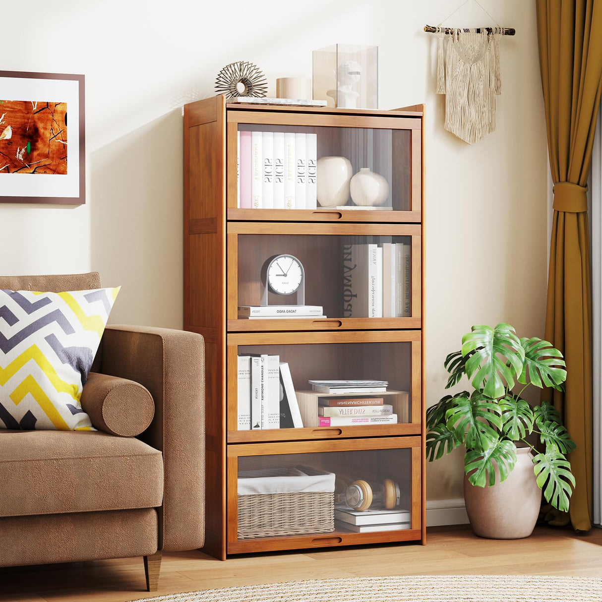Giantex 4-Tier Bookcase with Clear Doors, 55" Bamboo Bookshelf with Flip-up Acrylic Doors, Freestanding Cube Storage Organizer with Shelves, Solid Wooden Display Cabinet for Living Room, Study, Brown Giantex
