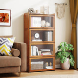 Giantex 4-Tier Bookcase with Clear Doors, 55" Bamboo Bookshelf with Flip-up Acrylic Doors, Freestanding Cube Storage Organizer with Shelves, Solid Wooden Display Cabinet for Living Room, Study, Brown Giantex