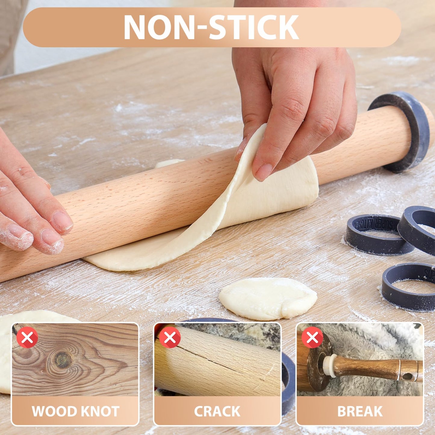 Adjustable Wood Rolling Pin with Thickness Rings for Baking -Non Stick Wooden Dough Roller Pin with Spacer Bands for Cookie,Pie Crust, Pastry Fondant and Bread By Folksy Super Kitchen (15.8, Grey)