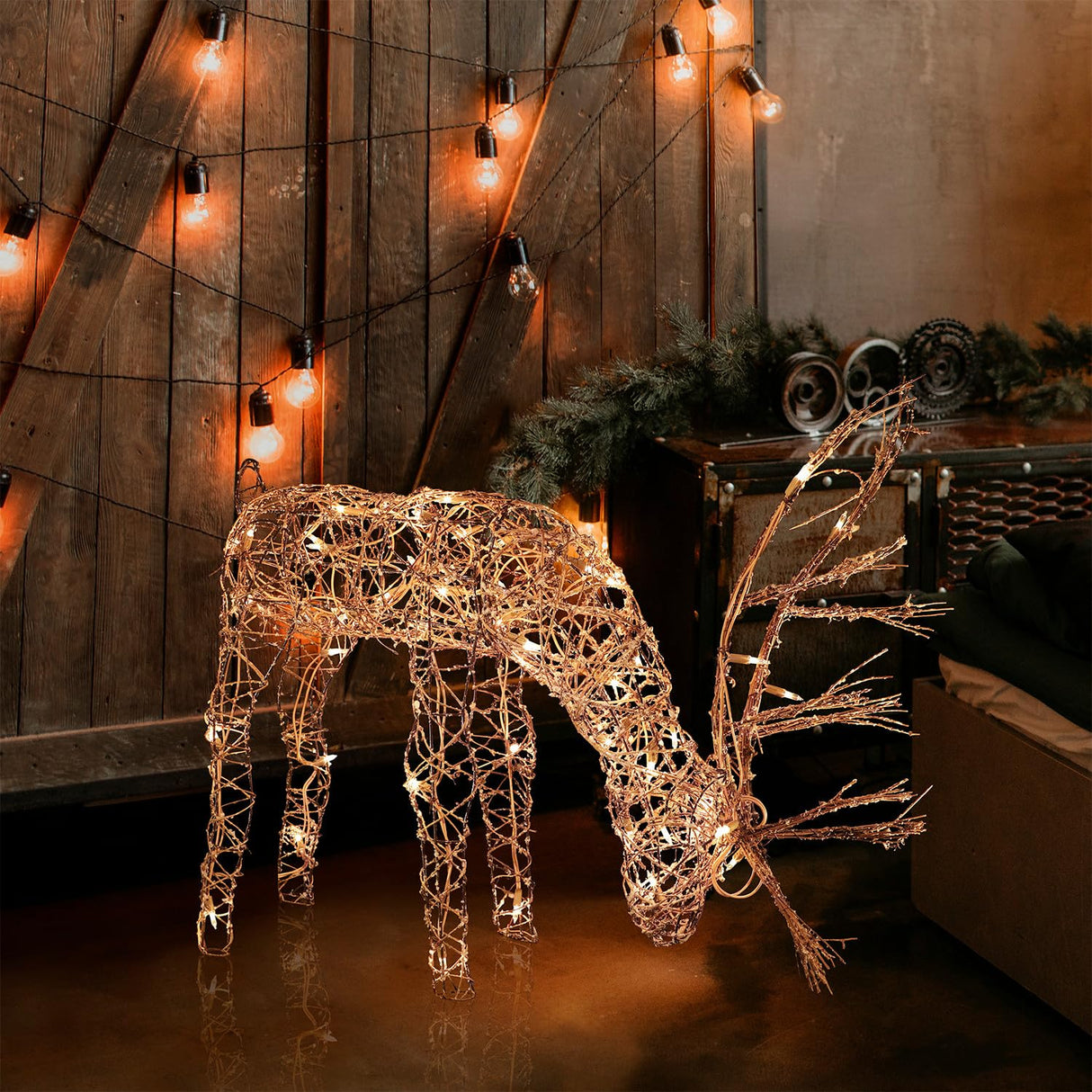 Alpine Corporation 24"H Outdoor Rattan Grazing Reindeer Lawn Decoration with White Lights , Christmas Decoration Alpine Corporation
