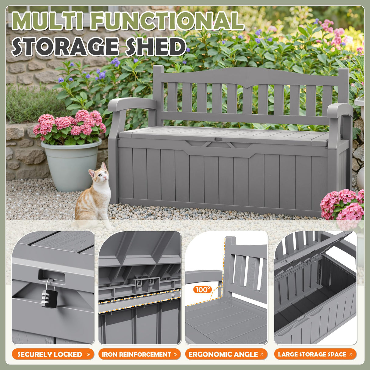Homall 75 Gallon Outdoor Storage Benches Lockable Deck Box with Waterproof and UV Resistant, Waterproof Storage Box for Patio Furniture, Tools, Cushions (Grey) Homall