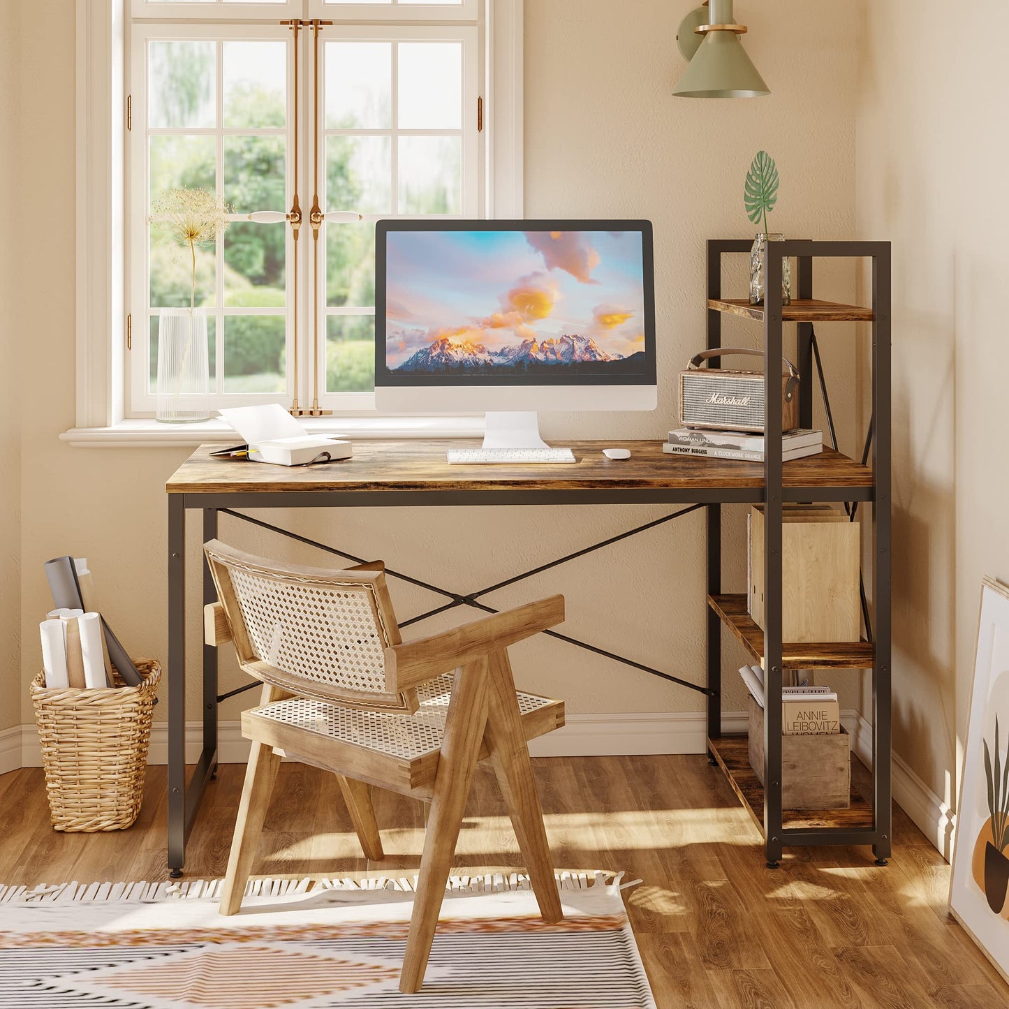 Bestier 55-Inch Rustic Brown Computer Desk with Reversible Shelves and Ample Storage