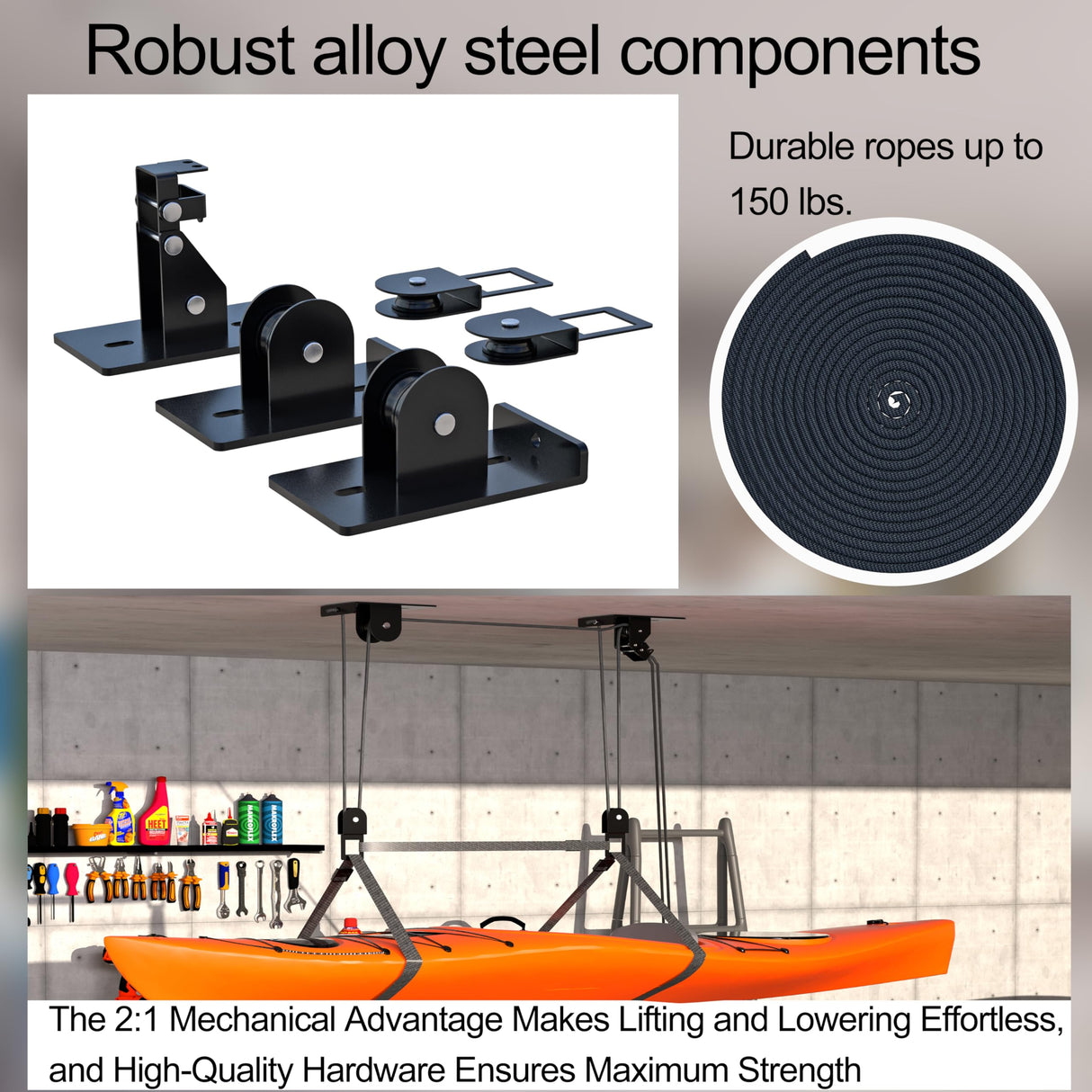 TRUSOON Ceiling Kayak Hoist, Heavy Duty Kayak Pulley System for Garage, Hold Up to 150 lbs Capacity, Canoe Garage Lift Storage System, Fit 10-14 Foot Ceilings, Black TRUSOON