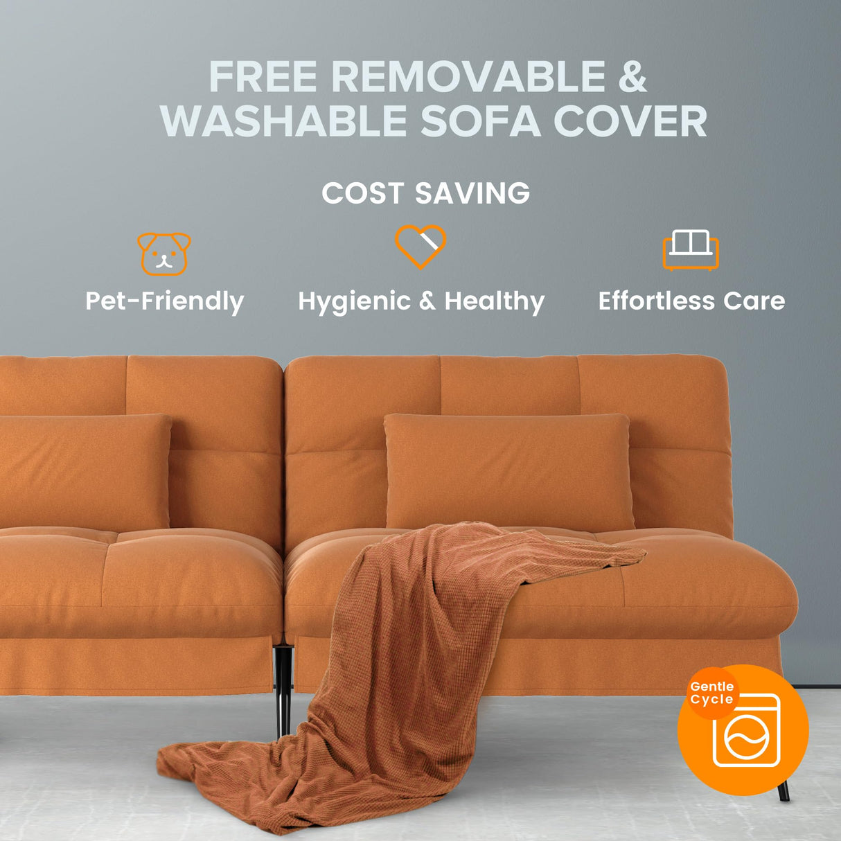 COMHOMA Convertible Futon Sofa Bed, 72″Fabric Futon Couch with Adjustable Backrest, Folding Sleeper Recliner for Living Room Furniture (Orange) COMHOMA