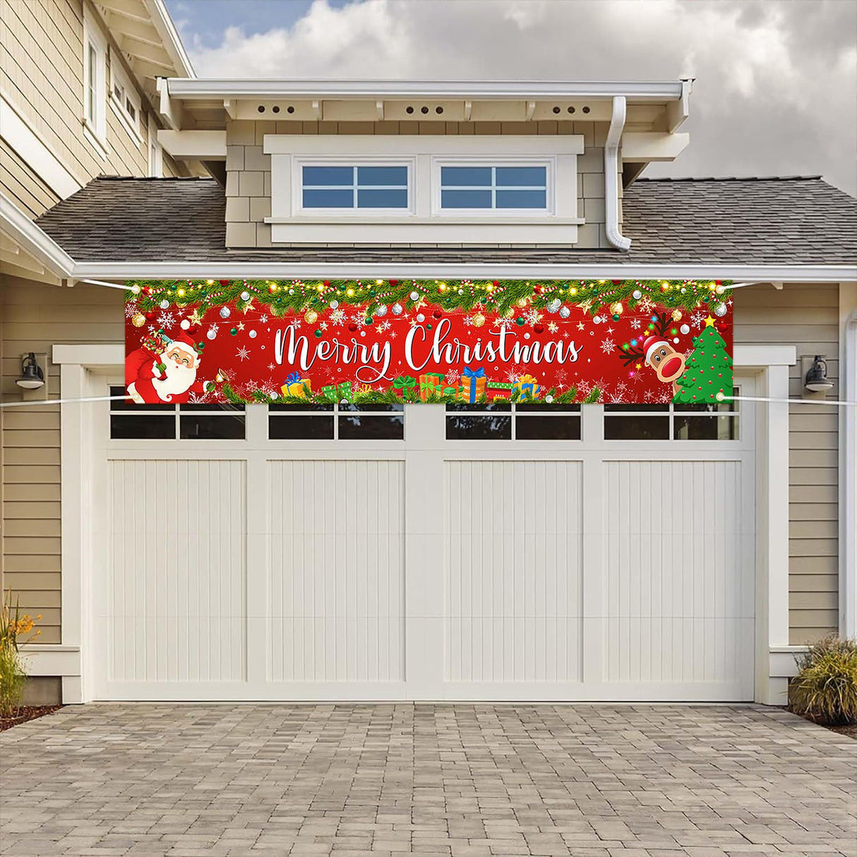 Lecheme Merry Christmas Banner 8x1.6 ft Yard Fence Backdrop Outdoor Red Santa Christmas Party Decorations Lecheme