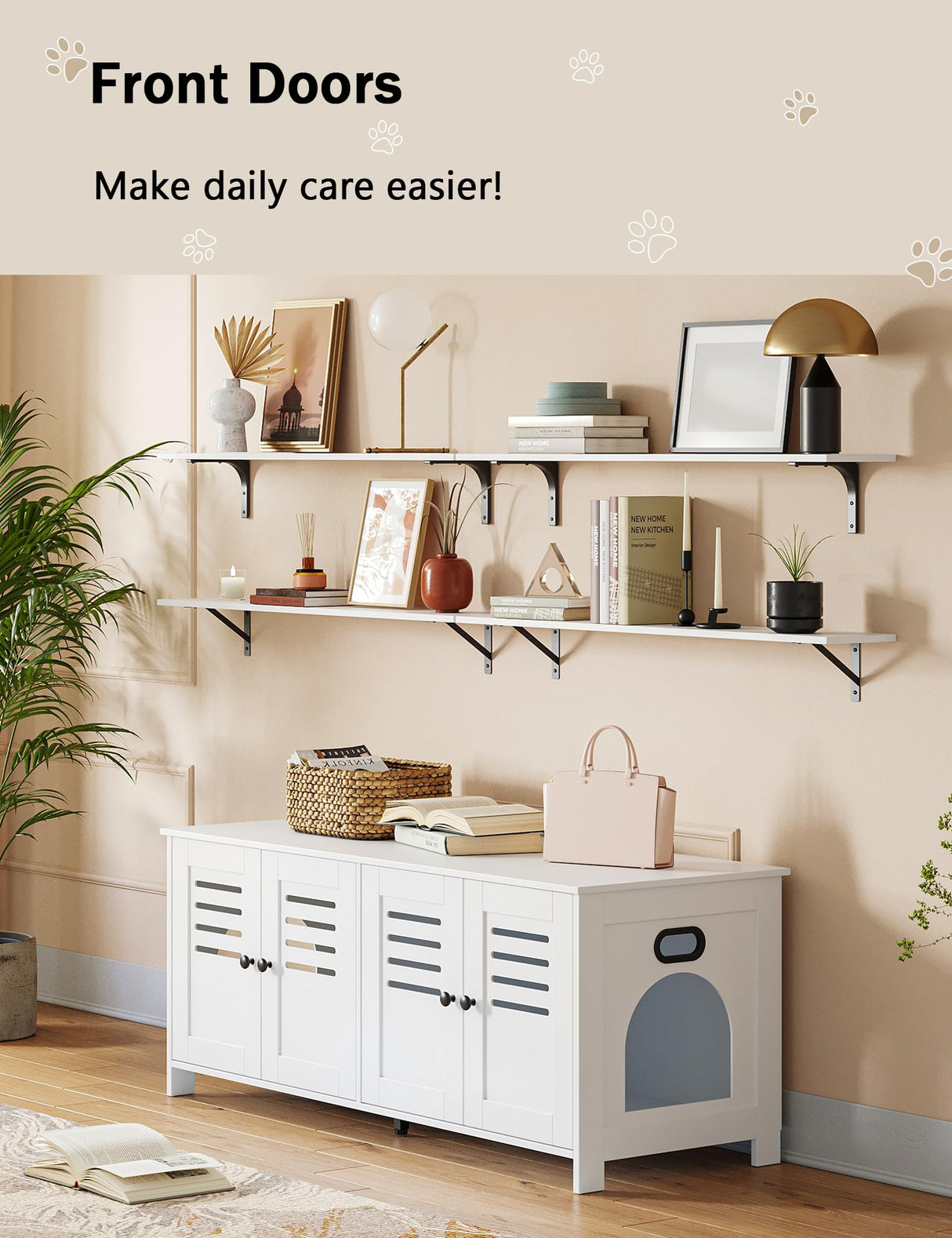 DINZI LVJ Litter Box Enclosure for 2 Cats, Hidden Litter Box Furniture with Double Rooms, Dual Cat Litter House, Front Doors, 47.2" Wooden Hidden Cat Washroom, Side End Table, TV Stand, White DINZI LVJ