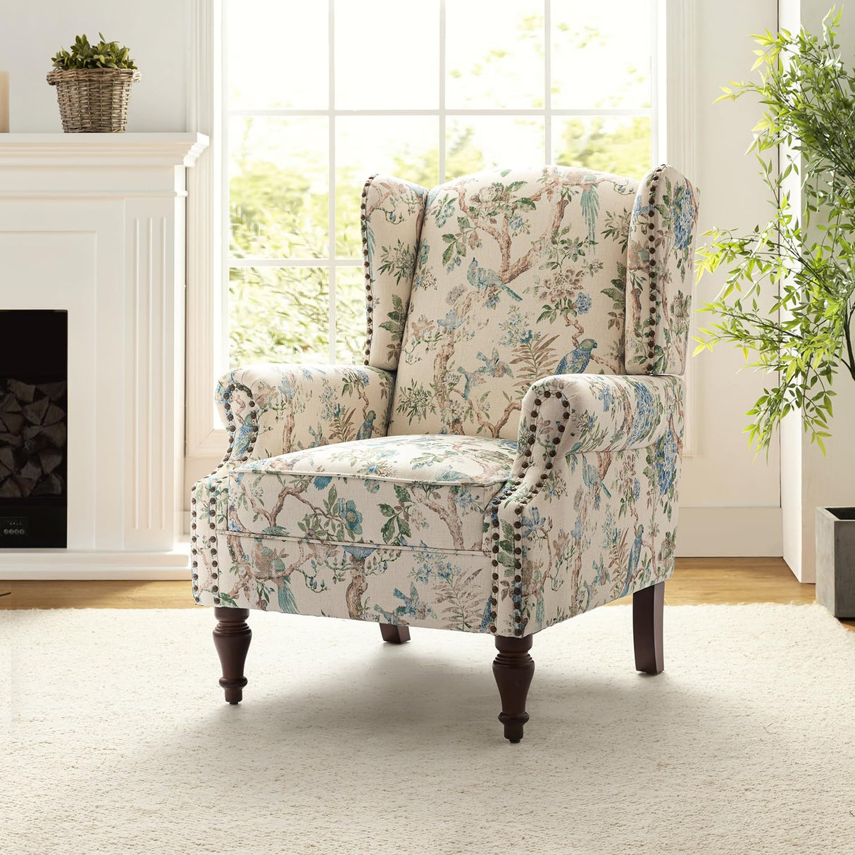 HULALA HOME Wingback Accent Chair with Floral Pattern Design, Traditional Fabric Armchair with Nailhead Trim and Retro Wooden Legs, Bird HULALA HOME