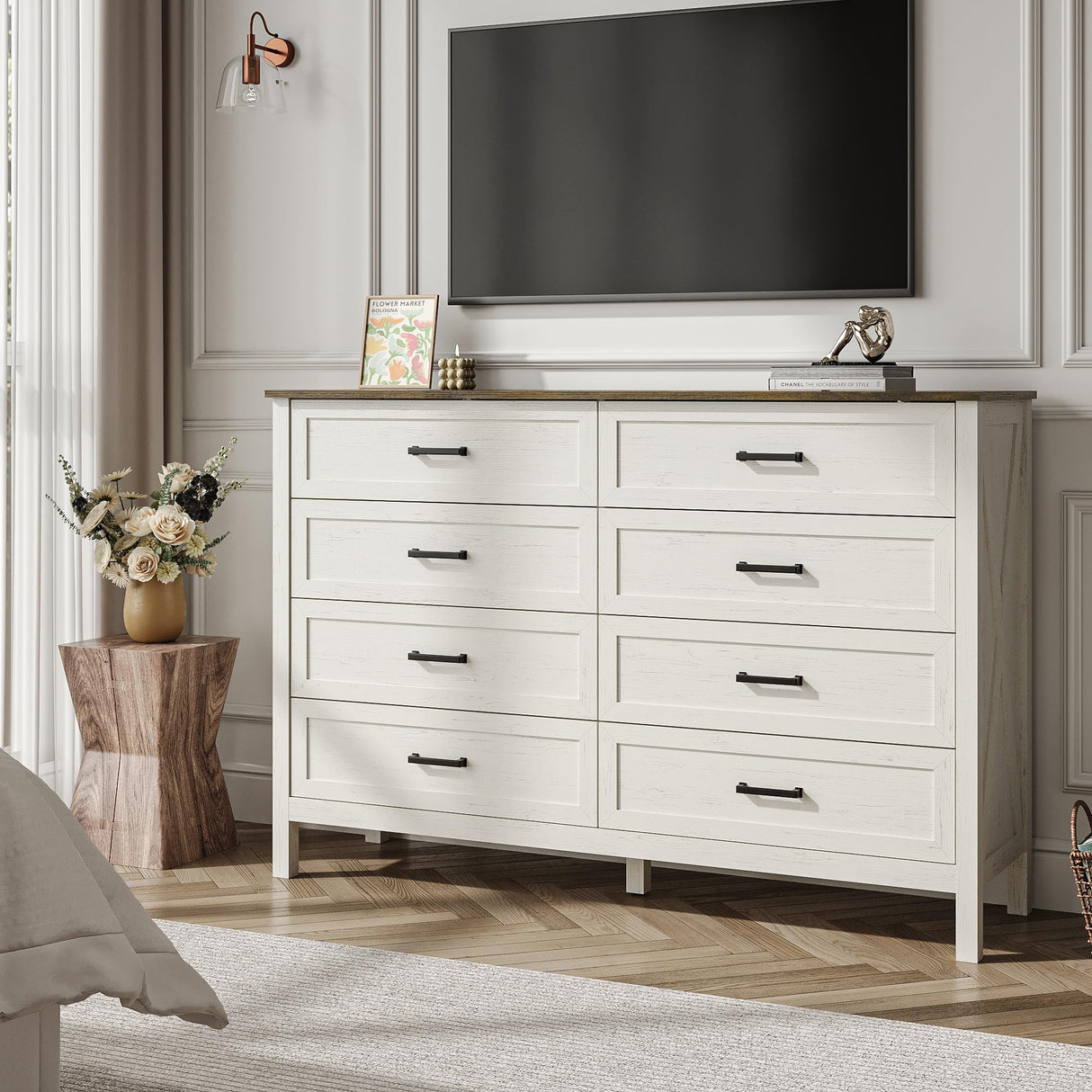 BAZELOR Farmhouse 8 Drawers Dresser for Bedroom, 55 Inch Wood Rustic Wide Chest with Natural Texture, Large Dressers for Bedroom, Hallway, Entryway, Antique White BAZELOR