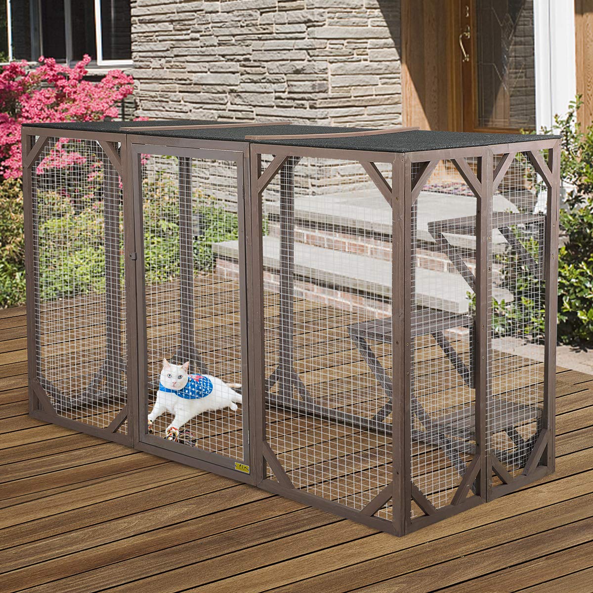 NBTiger Wood Cat Enclosure Catio Cage Pet Playhouse Run House Cage with 3 Activity Platforms, Small Animals Outdoor Pet Kennel Playpen 71'' x 32'' x 43'' - WoodArtSupply