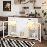 DAWNSPACES Enclosed Cat Litter Box Enclosure, Hidden Kitty Litter Furniture with 2 Large Drawers, 2 Glass Doors, LED Light and Cat Scratching Post DAWNSPACES