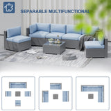 SUNCROWN Outdoor Patio Furniture Set 8 Piece Outdoor Sectional Sofa Grey Wicker Conversation Sofa Set with Coffee Table, Cushions and Fire Pit Table, Light Blue SUNCROWN