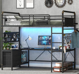 Twin Size Loft Bed with U-Shaped Desk & RGB LED Lights, Twin Loft Metal Bed Frame with Charging Station Bunk loft bed with 3 Drawers, Safety Guard & Ladder, 3 Pegboards, No Box Spring Needed, BlacK CSZZD