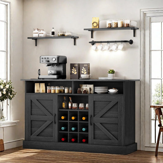 YITAHOME Farmhouse Sideboard Buffet Cabinet with Storage, Coffee Bar with Floating Shelves, Barn Doors and Adjustable Shelves, Bar Cabinet with Power Outlet for Kitchen, Living Room (Black Oak)