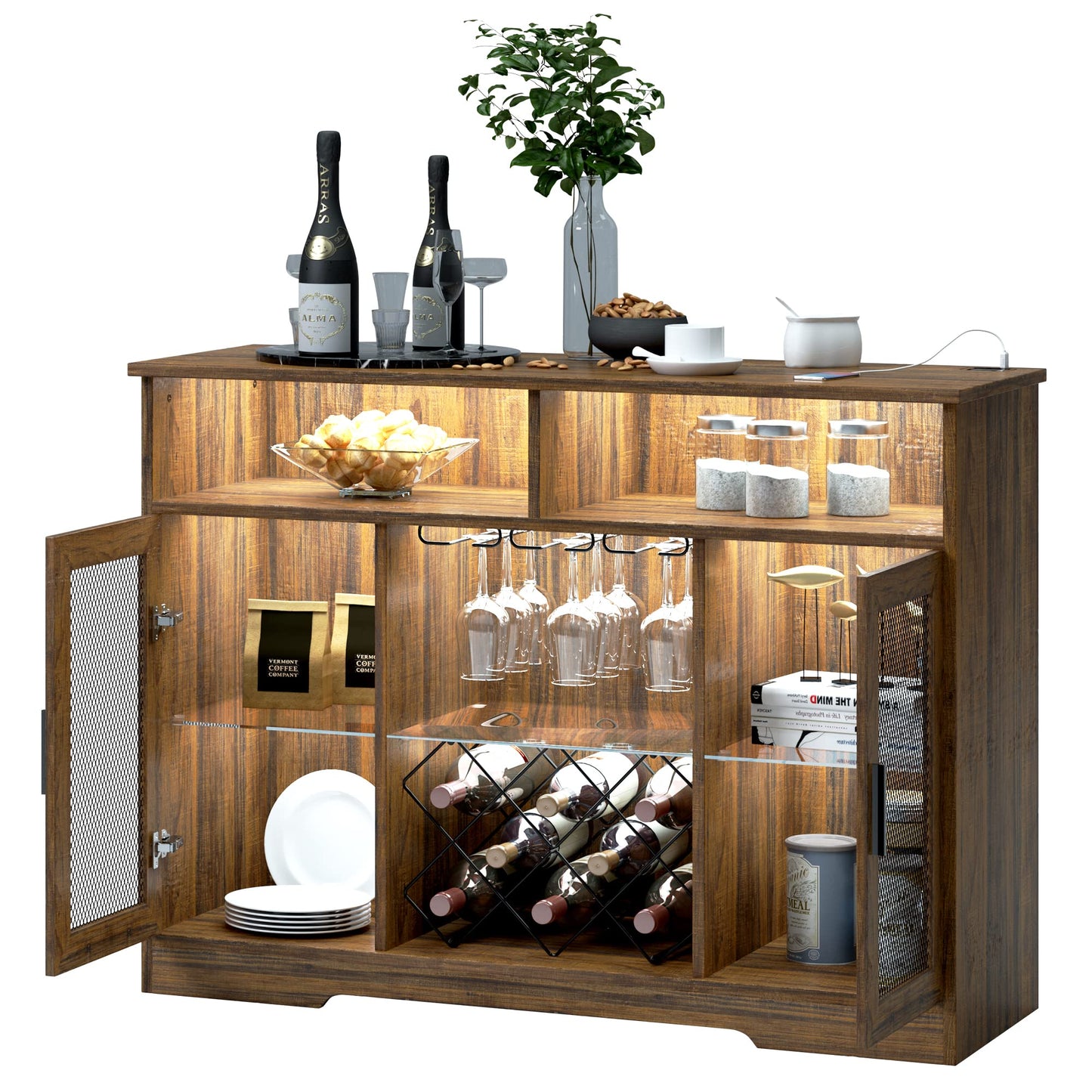 LVSOMT Bar Cabinet with Wine Rack and Glass Holder, LED Sensor Lights Farmhouse Coffee Bar Cabinet for Liquor and Glasses, Sideboard Buffet Cabinet with 2 Shelves 4 Adjustable storage Mesh Do - WoodArtSupply