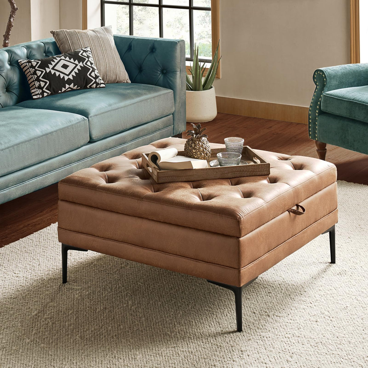 HULALA HOME Faux Leather Coffee Table, 36.5" Square Storage Ottoman with Metal Legs, Button-Tufted Coffee Table with Storage for Living Room, Camel HULALA HOME