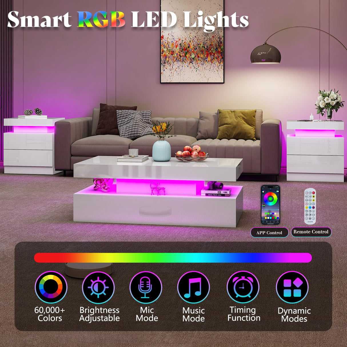 AMERLIFE High Gloss LED Coffee Table, Modern 2-Tier Center Table with LED Lights, Open Storage Space, 40in Simple Rectangular Sofa Side Table for Living Room, White AMERLIFE