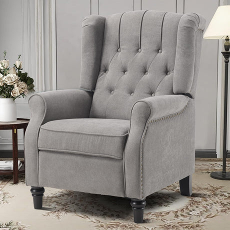 EBELLO Pushback Recliner Chair, Fabric Armchair Push Back Recliner with Rivet Decoration, Mid Century Wingback Accent Chair for Living Room, Bedroom, Grey EBELLO