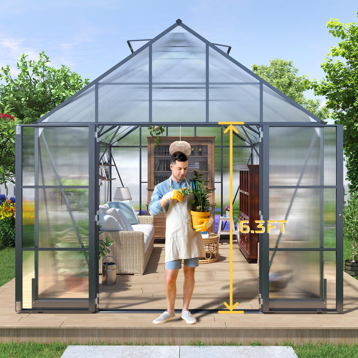 HOWE 10x16x10 FT Polycarbonate Greenhouse 6.3FT Added Wall Height Walk-in Large Aluminum Greenhouse Double Swing Doors 4 Vents, Sunroom Winter Greenhouse for Outdoors, Black HOWE