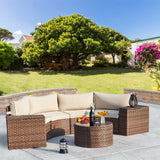 ECOTOUGE 7 Piece Patio Furniture Sets, Half-Moon Circle Conversation Set, Curved Wicker Outdoor Sectional with 2 Storage Armrests and Glass Coffee Table, Garden Balcony and Backyard (Beige) ECOTOUGE