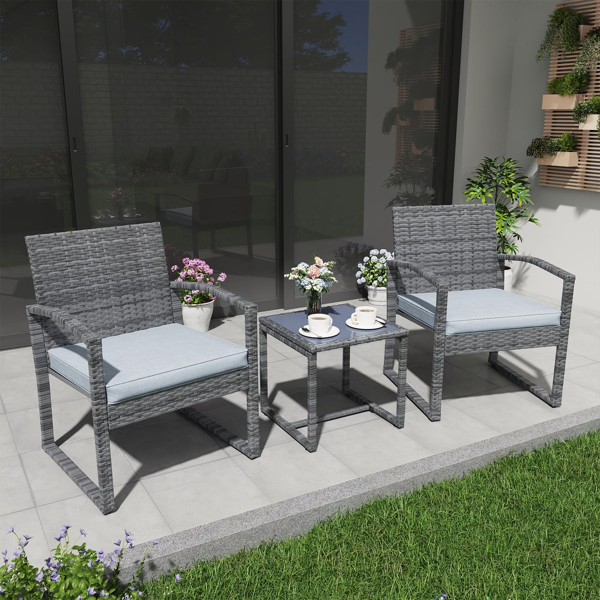 Patiorama 3 Pieces Outdoor Patio Furniture Set, Outdoor Wicker Conversation Set, Patio Rattan Chair Set, Modern Bistro Set with Coffee Table, Garden Balcony Backyard Poolside (Light Gray) Patiorama