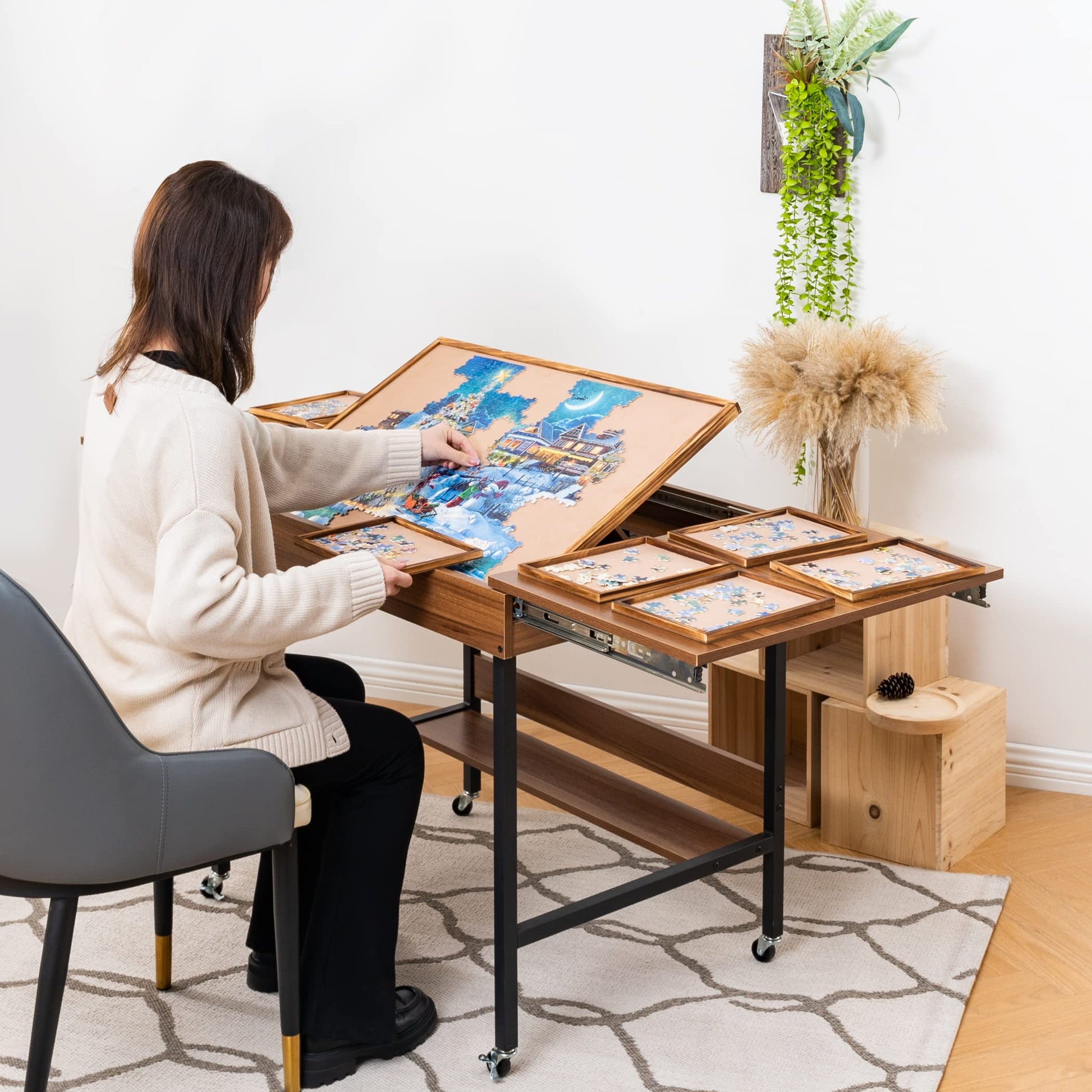 Becko US Foldaway Adjustable Puzzle Table With 8 Sorting Trays, Tilting Puzzle Board with Drawers, Universal Casters for Moves, Under Table Rack for Storage, 30*20.1 in for Puzzles Up to 1000 - WoodArtSupply