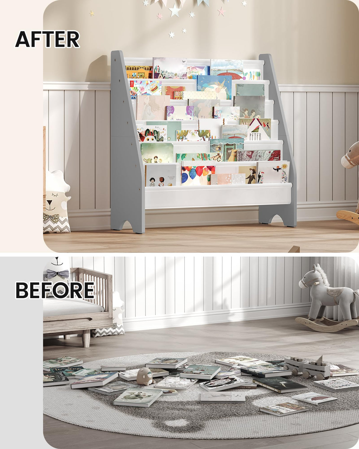 CHOEZON 6-Tier Kids Bookshelf, Kids Sling Bookcase, Magazine and Book Storage Rack, Large Capacity Book Organizer, Book Shelf for Kids Room, Bedroom, Nursery, Playroom, White and Gray MCW07WG CHOEZON