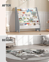 CHOEZON 6-Tier Kids Bookshelf, Kids Sling Bookcase, Magazine and Book Storage Rack, Large Capacity Book Organizer, Book Shelf for Kids Room, Bedroom, Nursery, Playroom, White and Gray MCW07WG CHOEZON