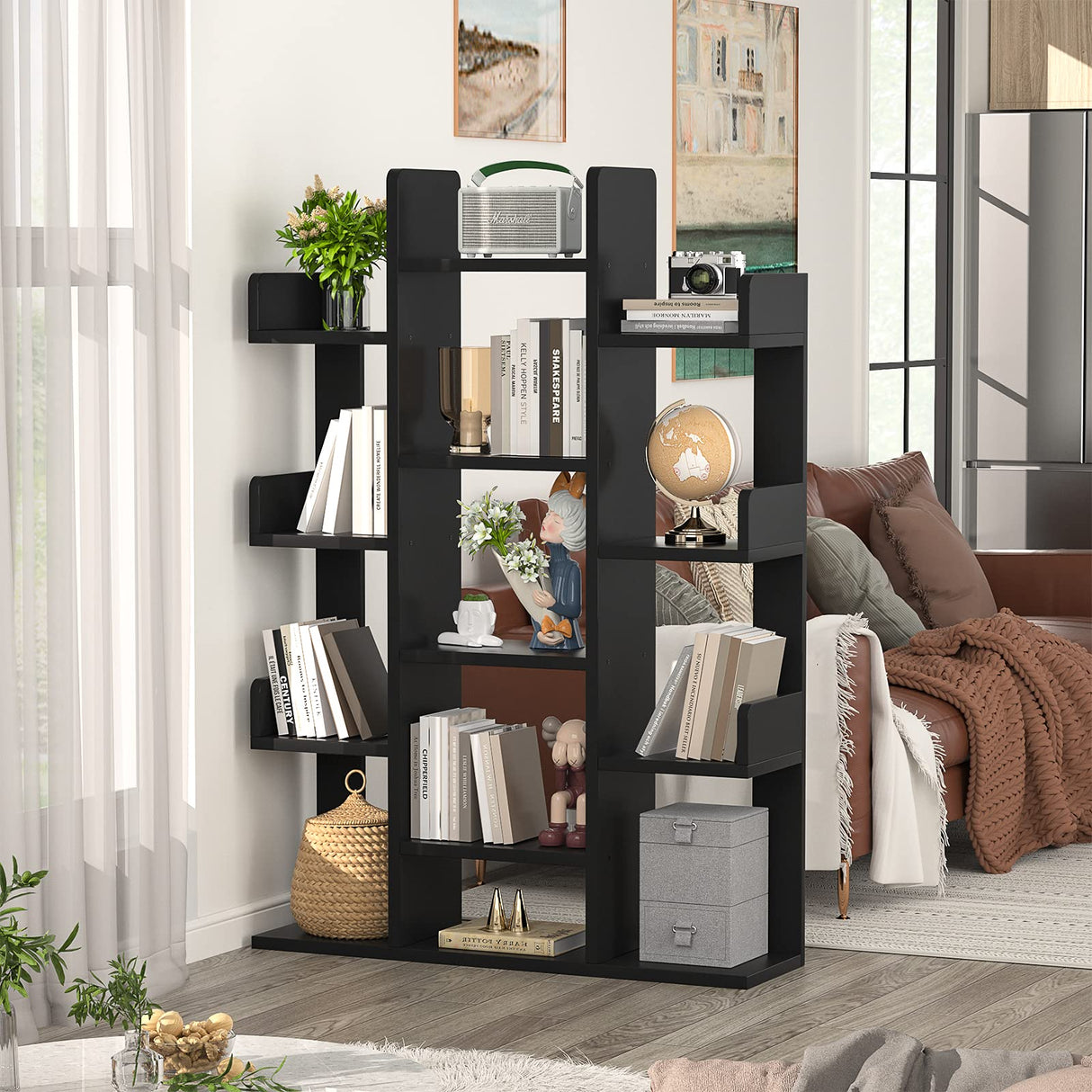 Aheaplus Bookshelf, Tree-Shaped Bookcase Storage Shelf with 13 compartments, Books Organizer Display Cube Shelves, Industrial Free Floor Standing Wood Open Bookshelves, Black Aheaplus